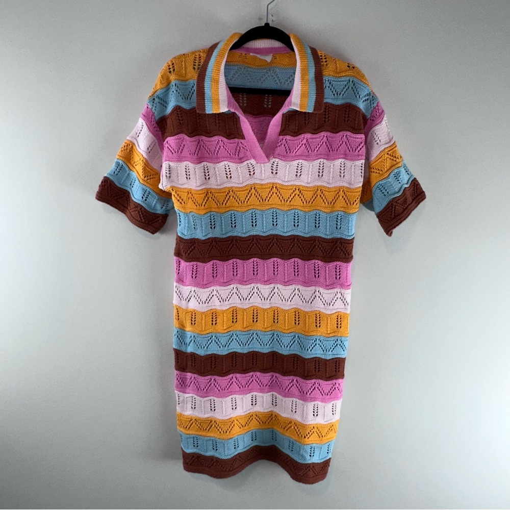 Free People Callahan Knitwear Marg Polo Multicolor Striped Crochet Dress Size M